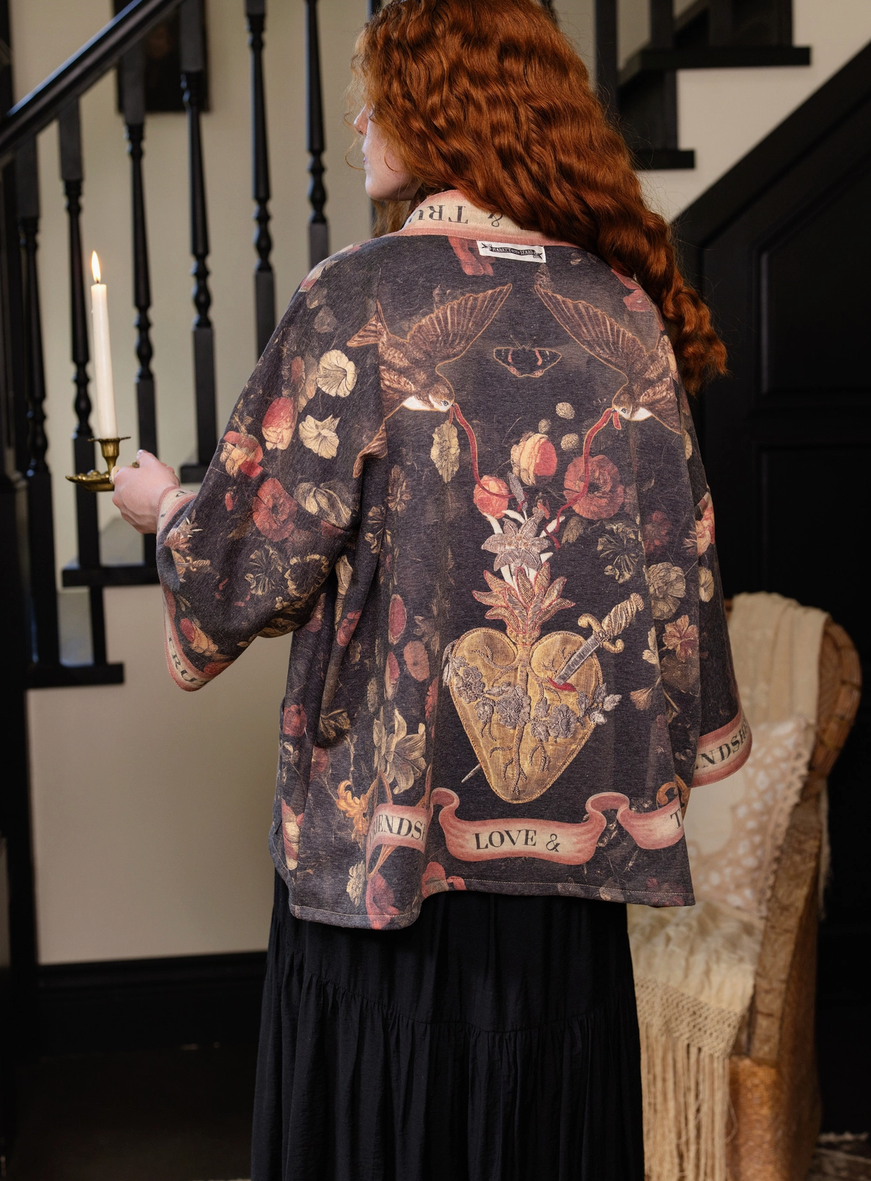 Close-up of Heart of Gold Cottage Jacket sleeve cuff with Friendship Love Truth lettering | Bliss by Cori