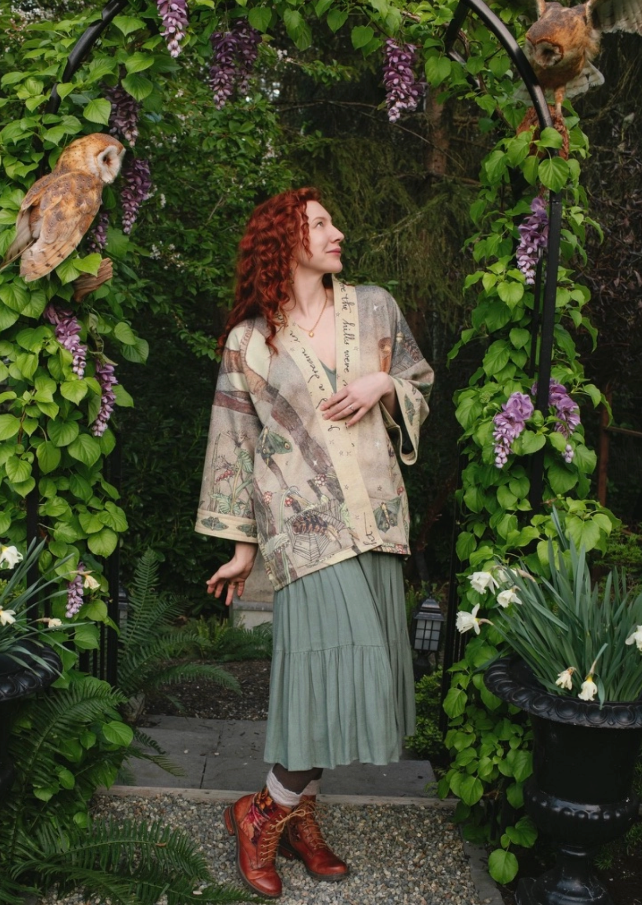 Front open view of Lovelight Cottage Jacket showing van Sandwyk poetry trim and moth print | Bliss by Cori