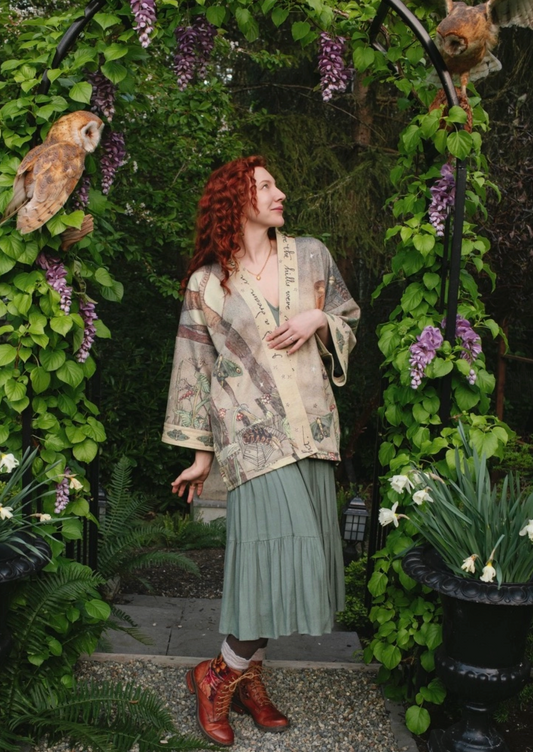 Front open view of Lovelight Cottage Jacket showing van Sandwyk poetry trim and moth print | Bliss by Cori