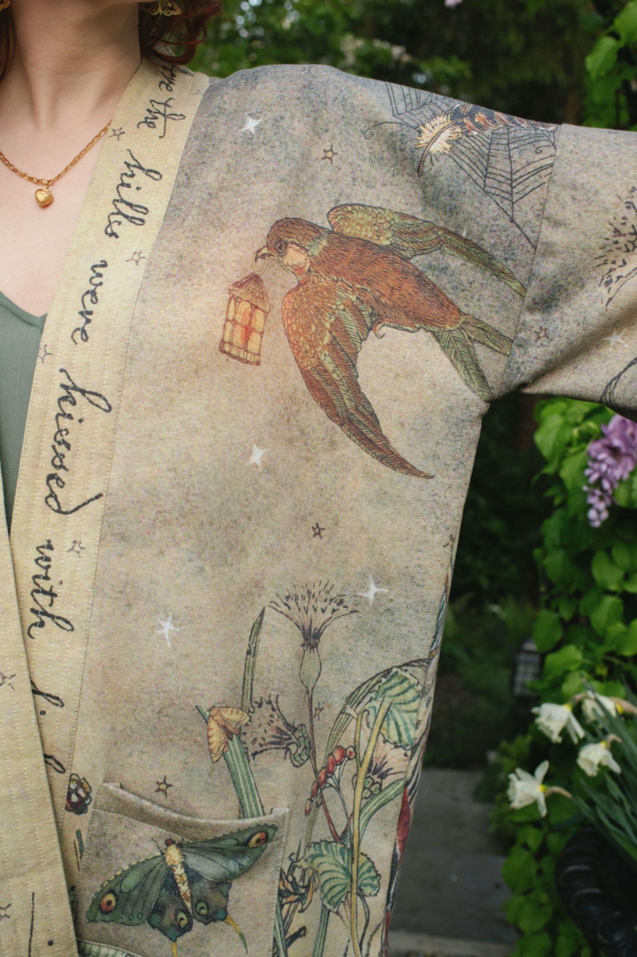 Model holding Lovelight Cottage Jacket open showing full enchanted woodland print | Bliss by Cori