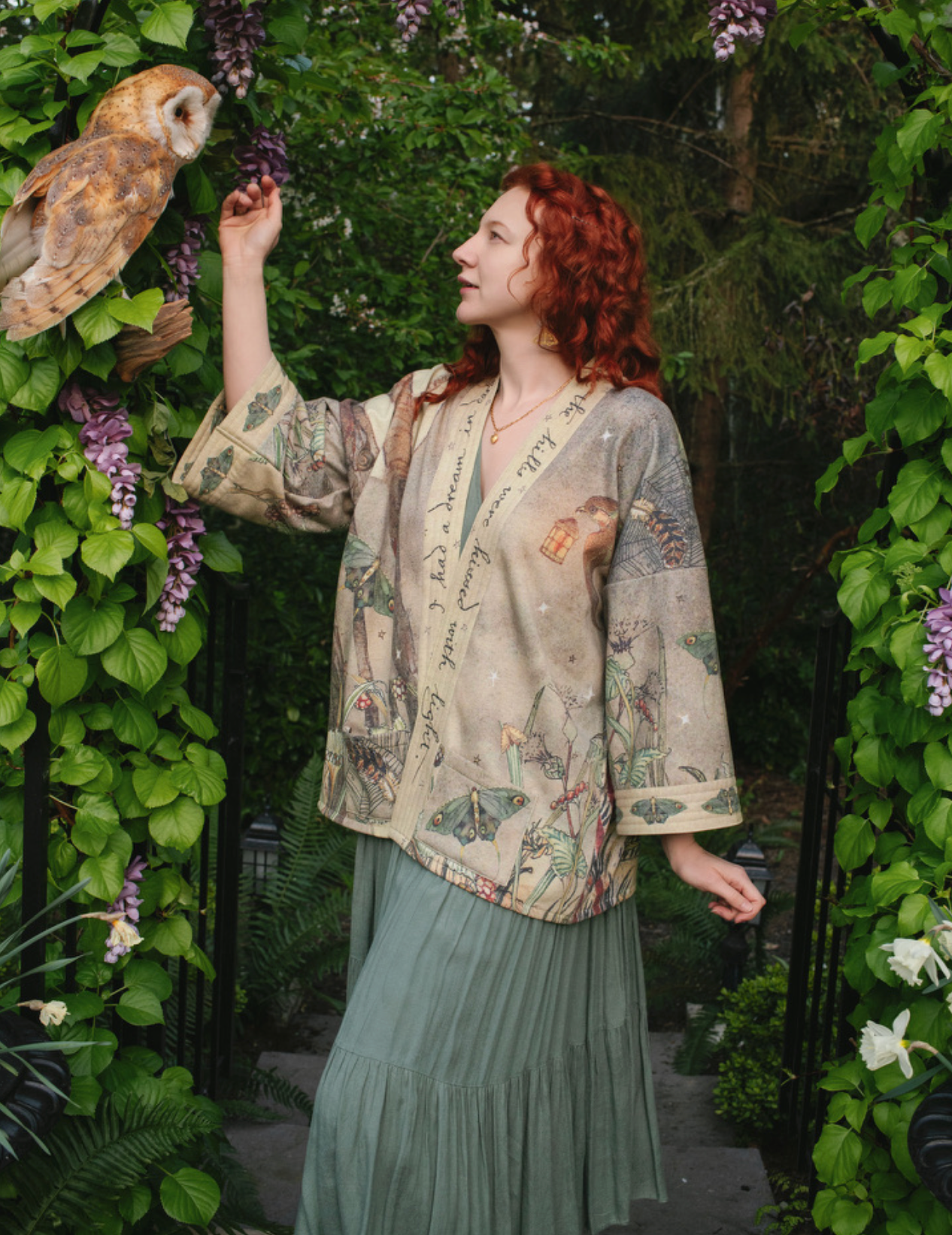 Model wearing Lovelight Cottage Jacket open front with poetry trim detail | Bliss by Cori