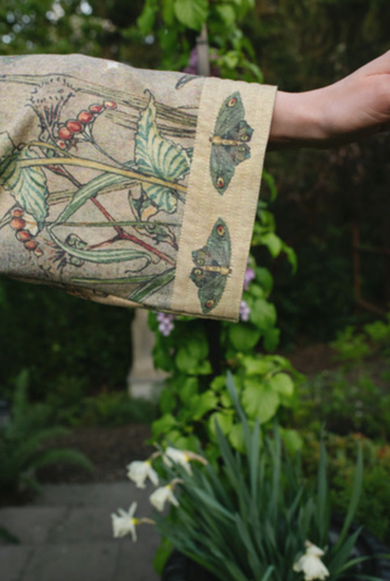 Lovelight Cottage Jacket sleeve cuff detail with fawn and botanical watercolour print | Bliss by Cori