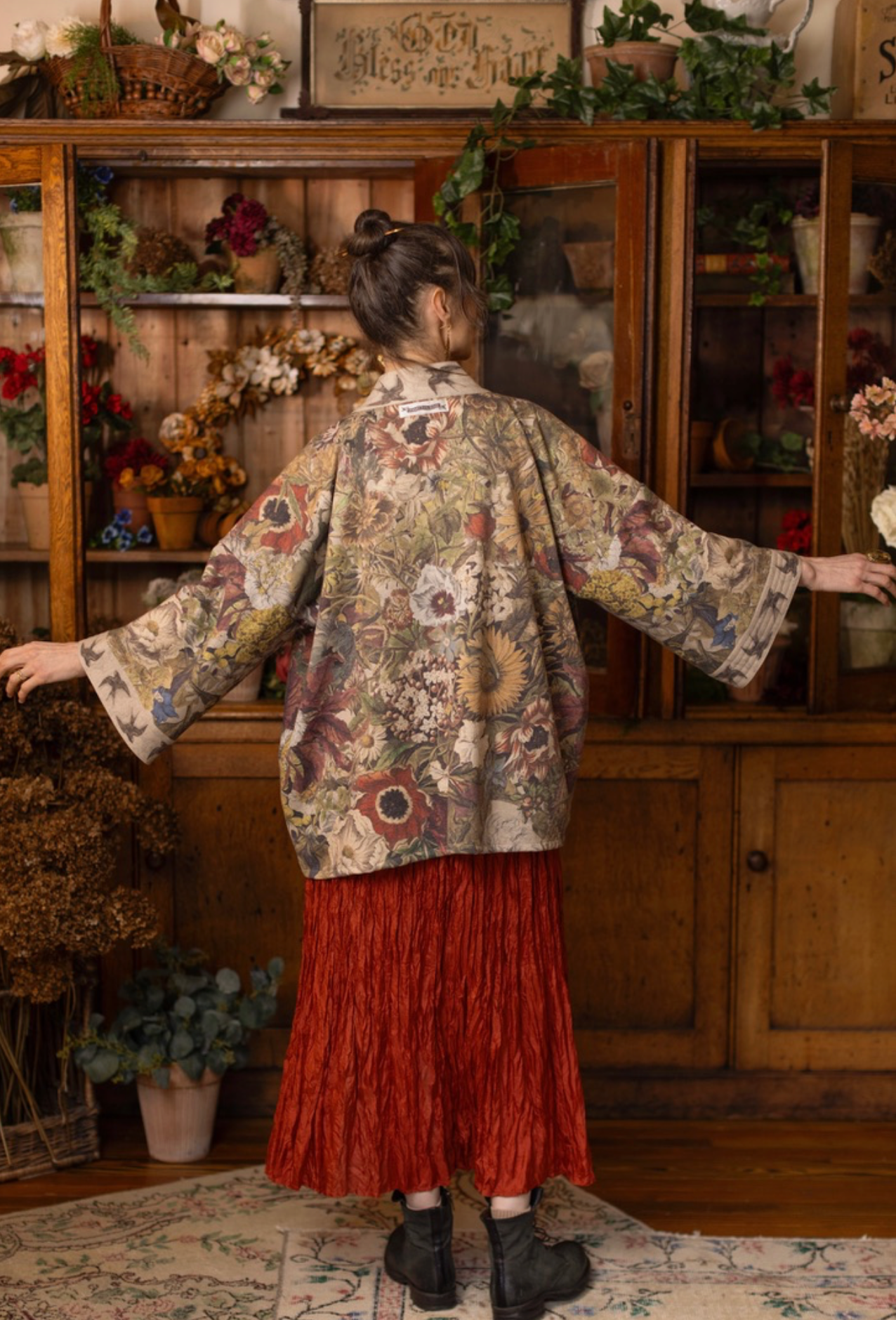 Side pocket detail of Golden Hour Cottage Jacket with swallow and autumn floral print | Bliss by Cori