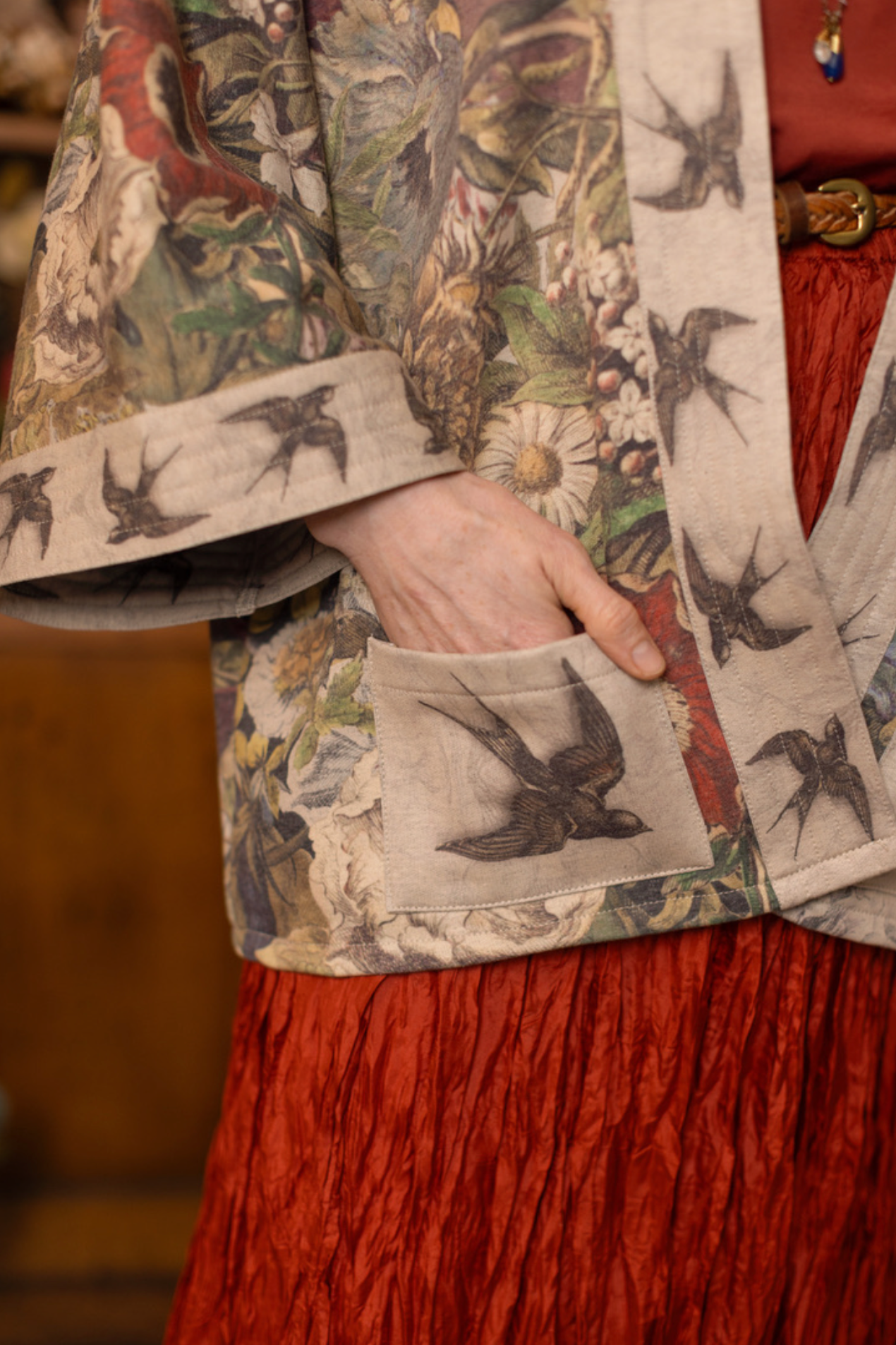 Front detail of Golden Hour Cottage Jacket showing open lapel with swallow trim | Bliss by Cori