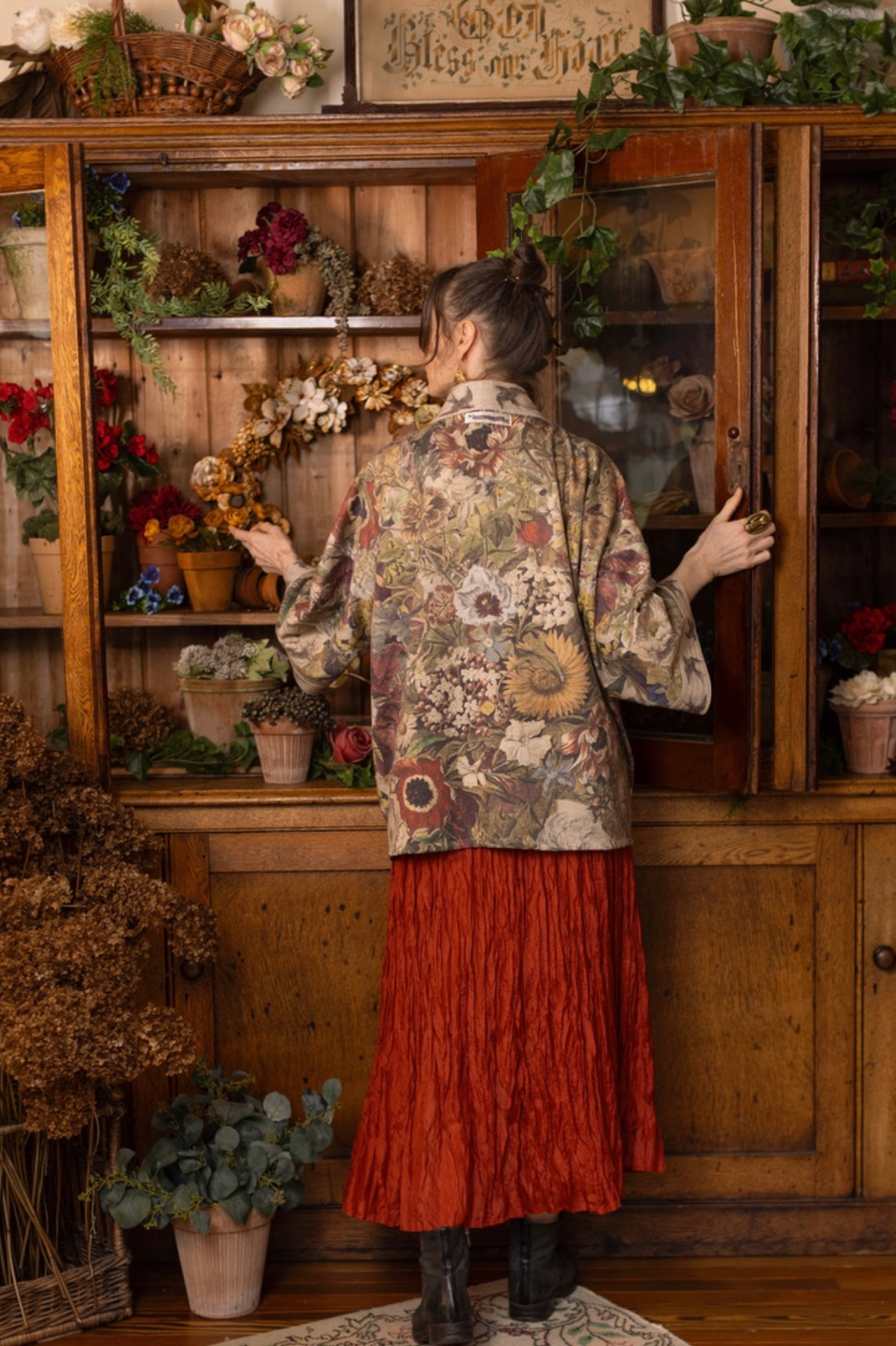 Back view of Golden Hour Cottage Jacket showing full Henry Fletcher botanical print | Bliss by Cori