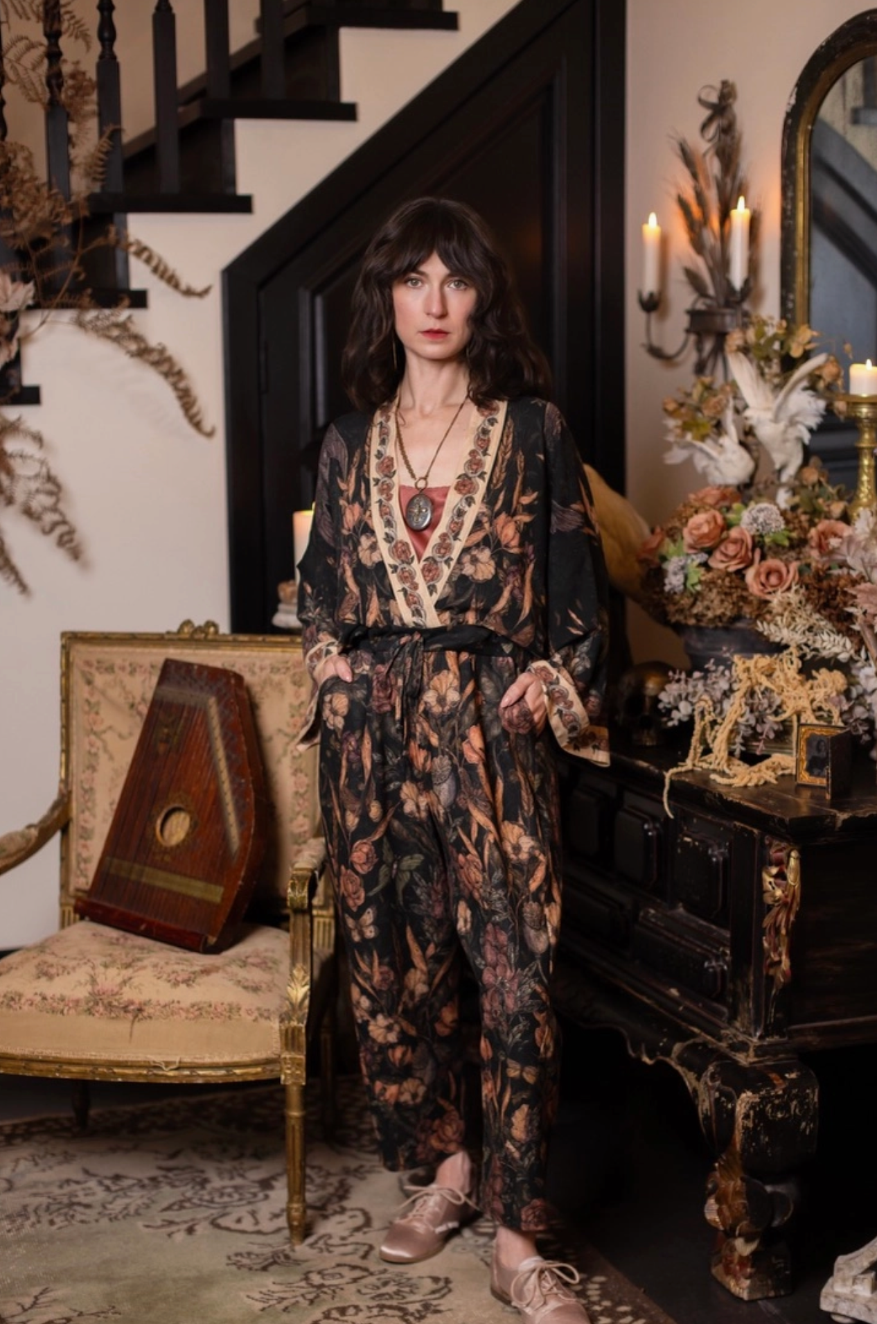 Momento Artist Pants - full length front view styled with kimono jacket and rose satin cami | Bliss by Cori