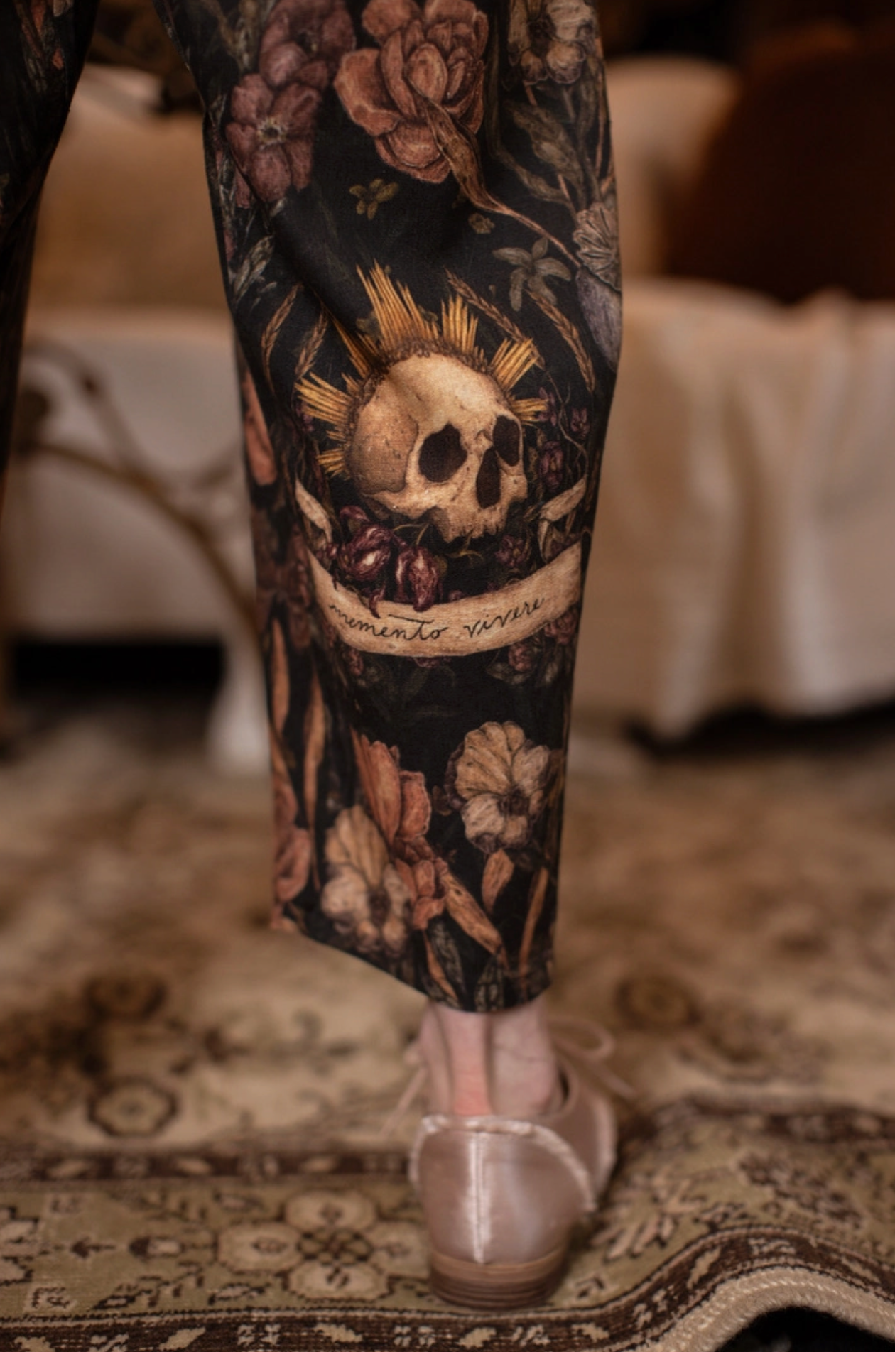 Momento Artist Pants - close up of Memento Vivere skull and floral print on pant leg | Bliss by Cori