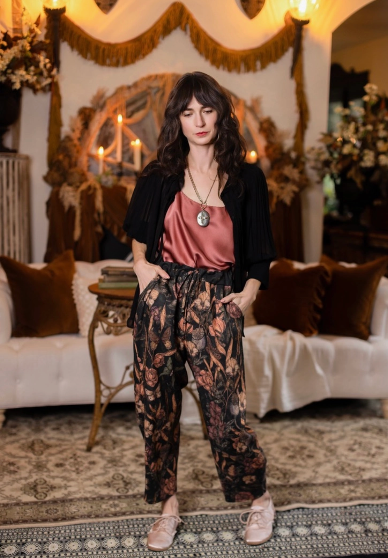 Momento Artist Pants - front view with black cardigan and rose satin cami, hands in pockets | Bliss by Cori