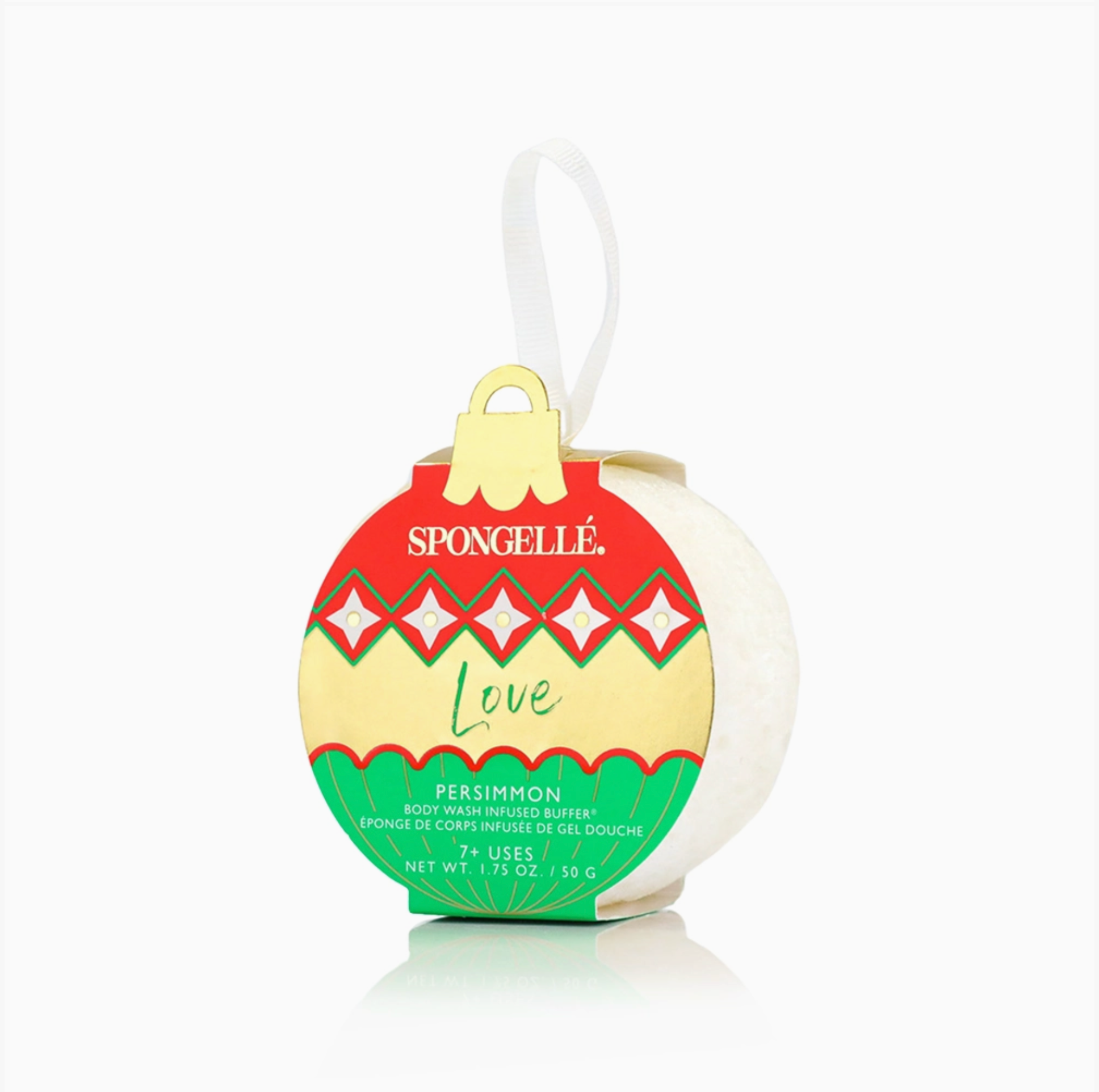 Spongellé Love Persimmon body buffer ornament in red and green holiday packaging on white background — Bliss by Cori Boutique