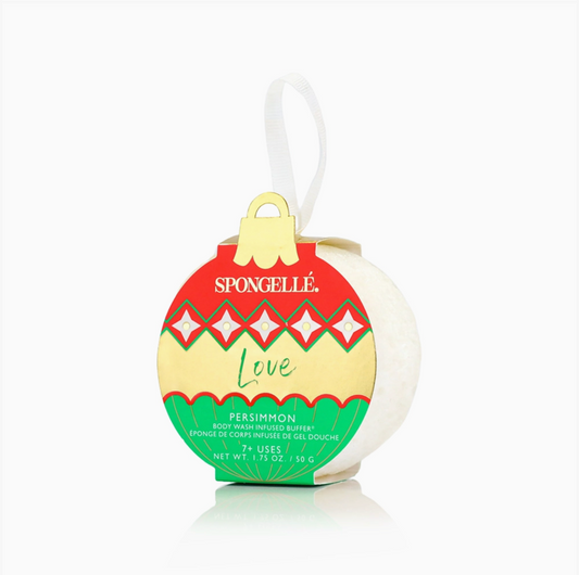 Spongellé Love Persimmon body buffer ornament in red and green holiday packaging on white background — Bliss by Cori Boutique