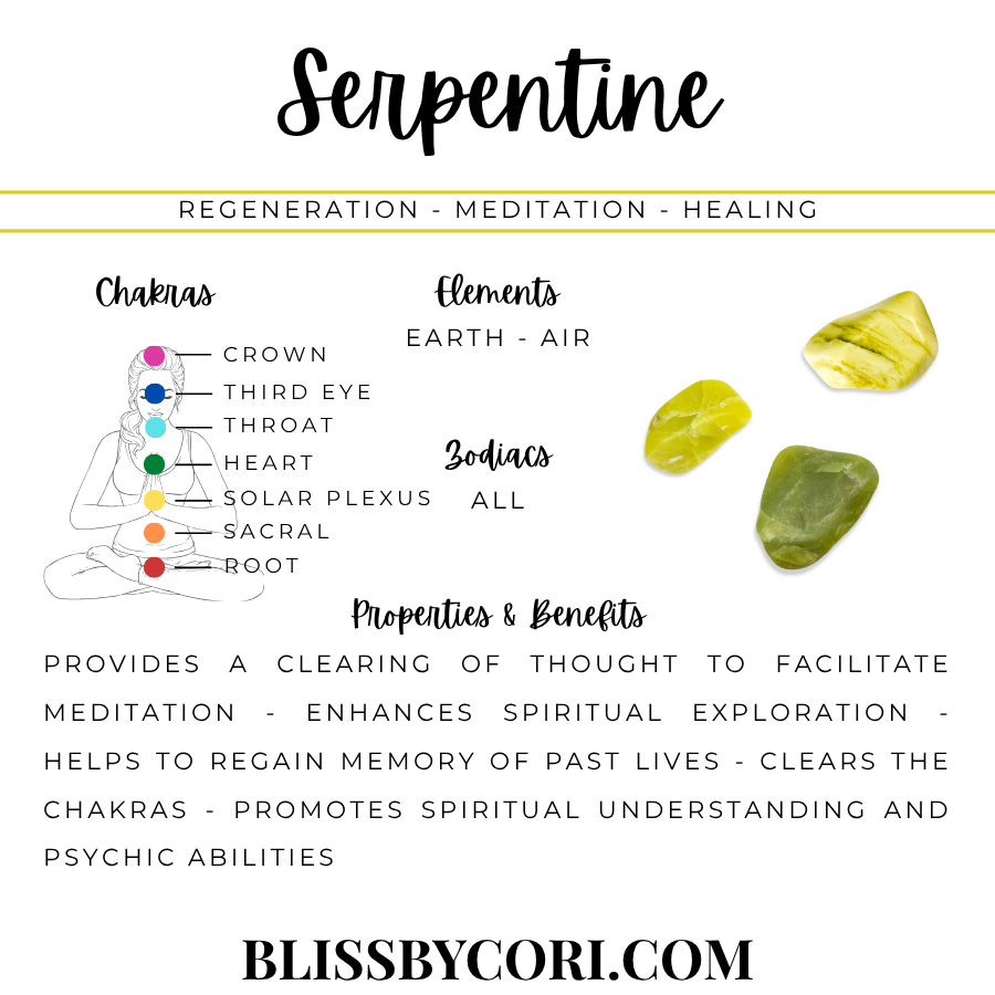 Serpentine gemstone story card describing its traditional associations and symbolism | Bliss by Cori