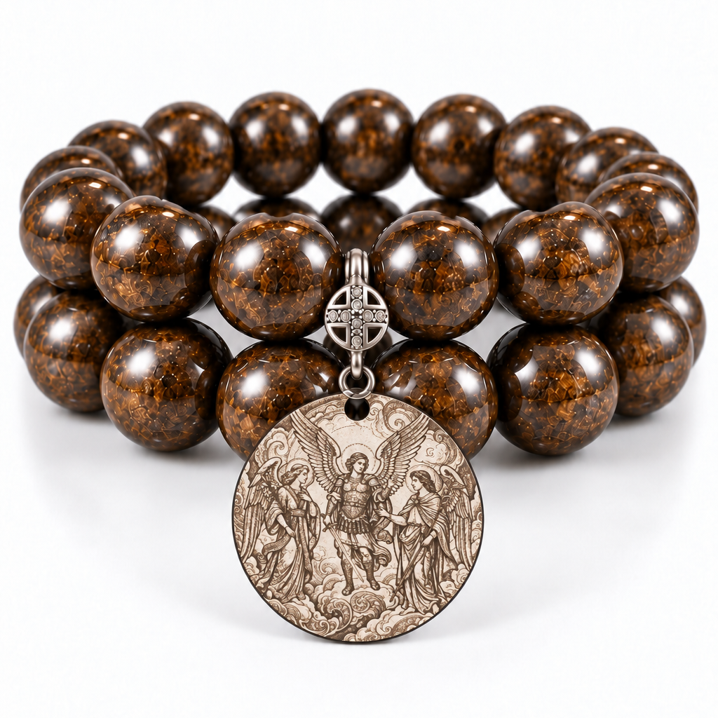 Two stacked bronzite bead bracelets with a round three-archangels medal and decorative silver-tone bail on a white background | Bliss by Cori