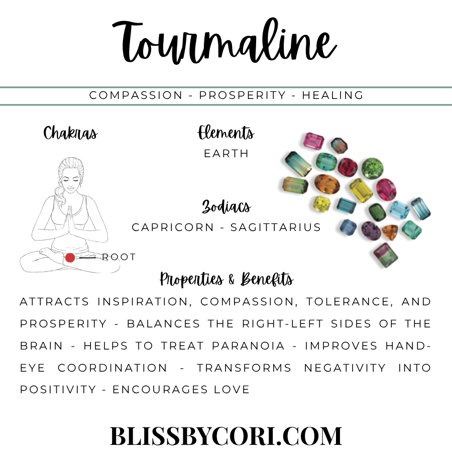 Tourmaline crystal properties and benefits infographic – compassion, prosperity, healing, root chakra, earth element, Capricorn and Sagittarius zodiac – Bliss by Cori