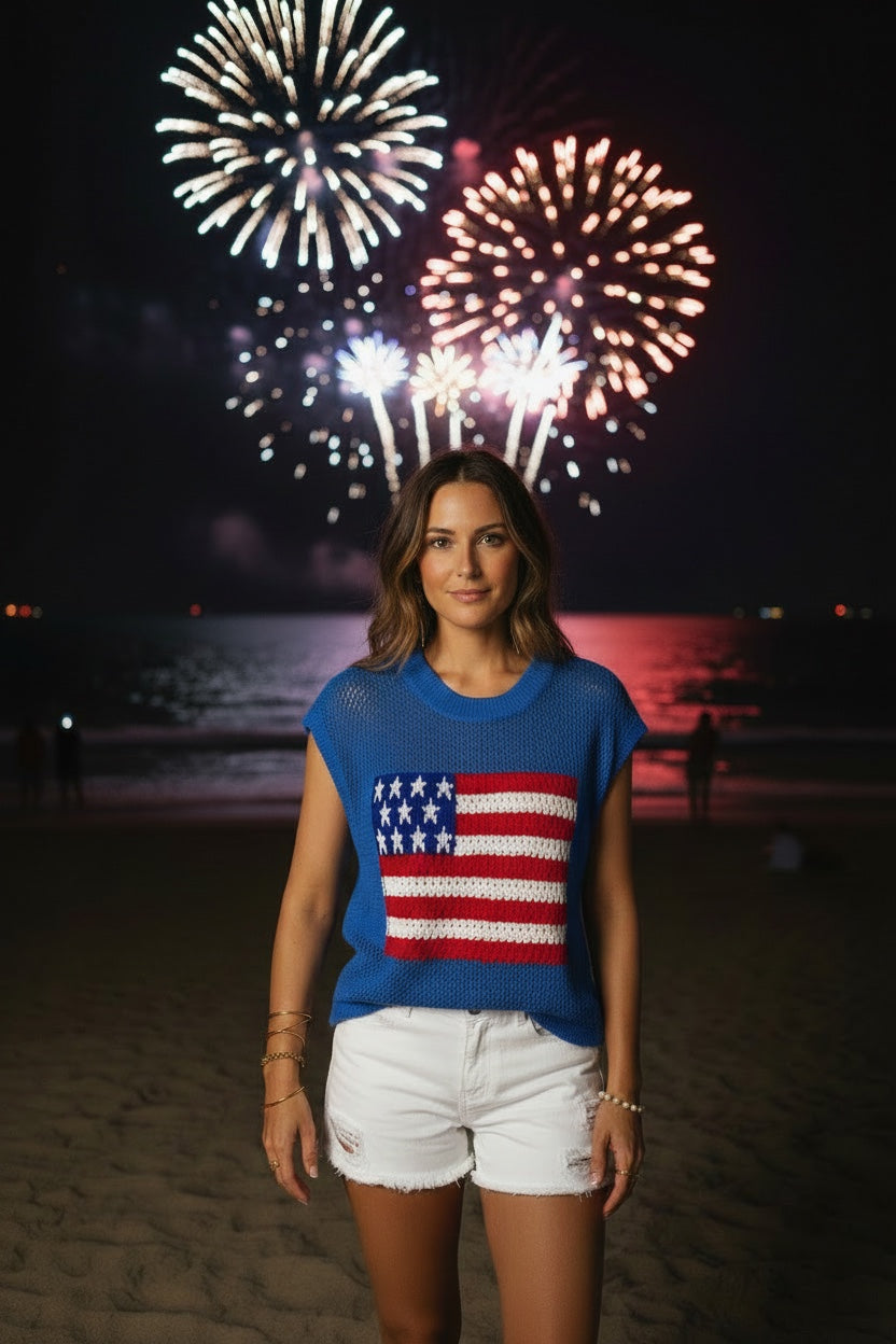 4th of July Flag Short Sleeve Graphic Sweater Top