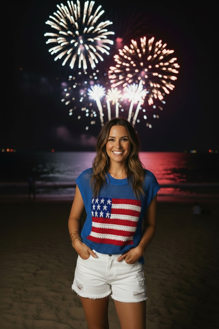 4th of July Flag Short Sleeve Graphic Sweater Top