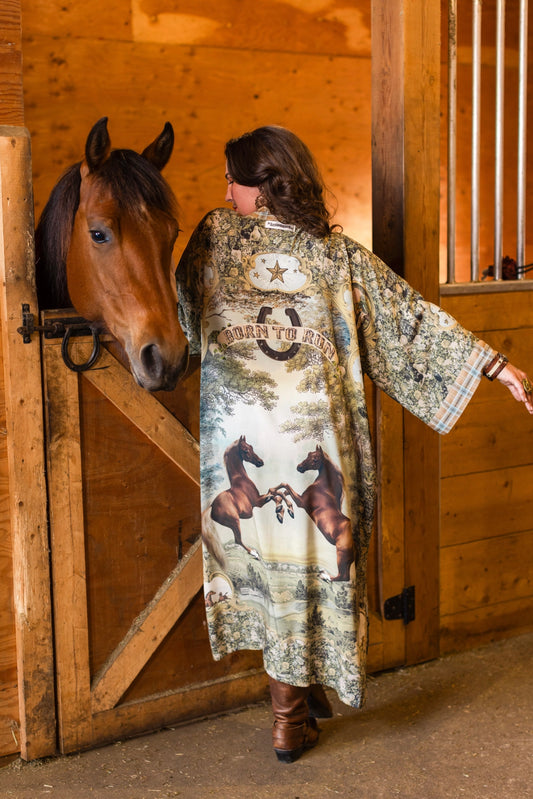 Born To Run Opera Duster Kimono Robe Horse & Flower Print - Pre-Order - Ships In September