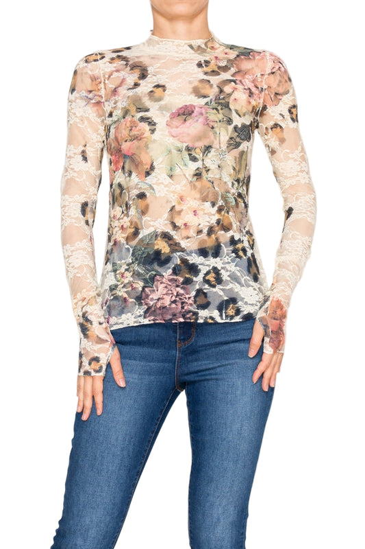 Leo Rose Sheer Floral Lace Mesh Long Sleeve Top - Ships Late September
