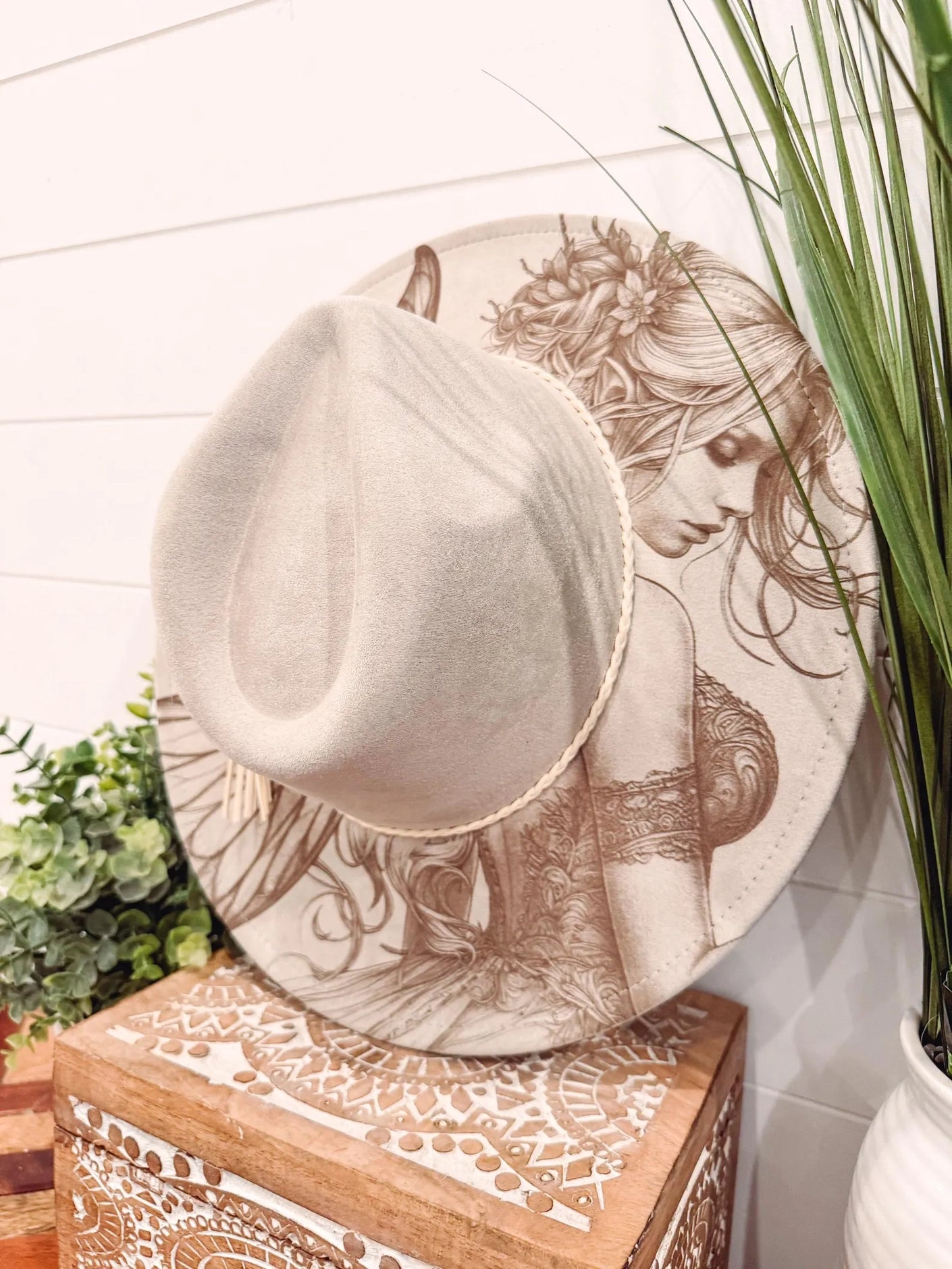 Fairy Burned Hat, Floral Engraved Cowboy Hat, Burned Fedora, Engraved Suede Hat, Boho Hat, Vegan Suede