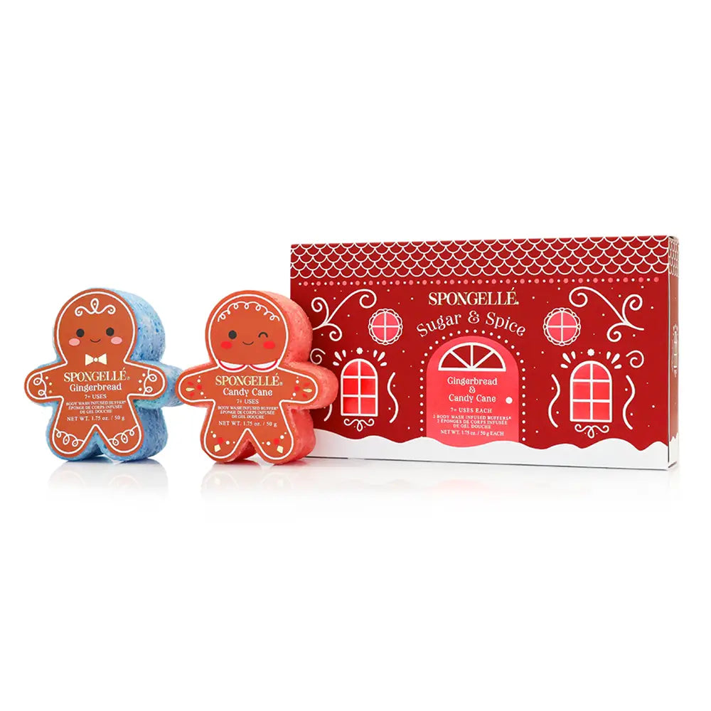 Spongellé Sugar & Spice Gingerbread and Candy Cane body buffers displayed beside their red gift box on white background — Bliss by Cori Boutique