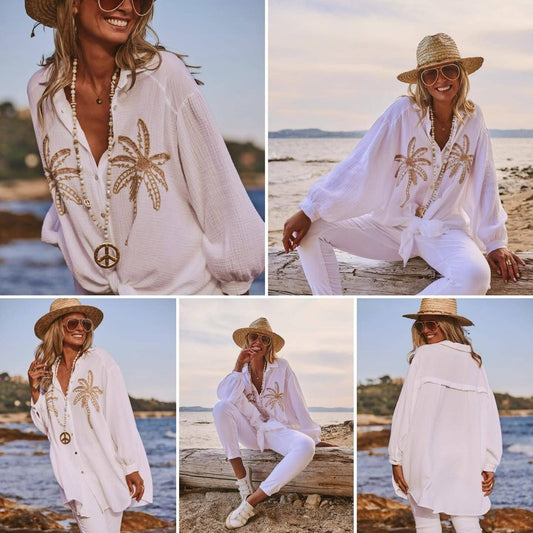 White Palm Trees Oversized Gauze Cotton Shirt - Only 1 Left!!!!!!