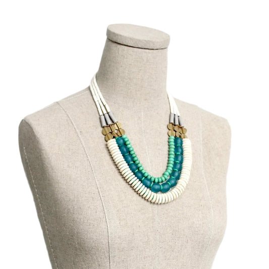 Triple Strand White, Aqua Ghana Glass, and Turquoise Necklace