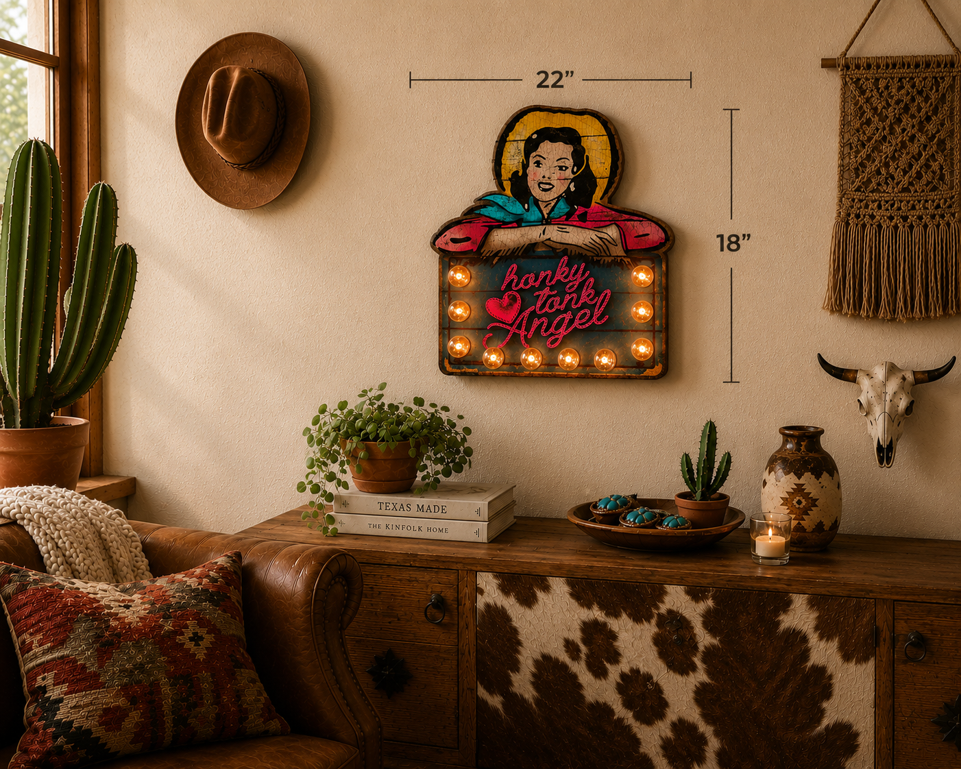 Honky Tonk Angle Lighted Sign - Appx 22" x18" Handmade Artwork