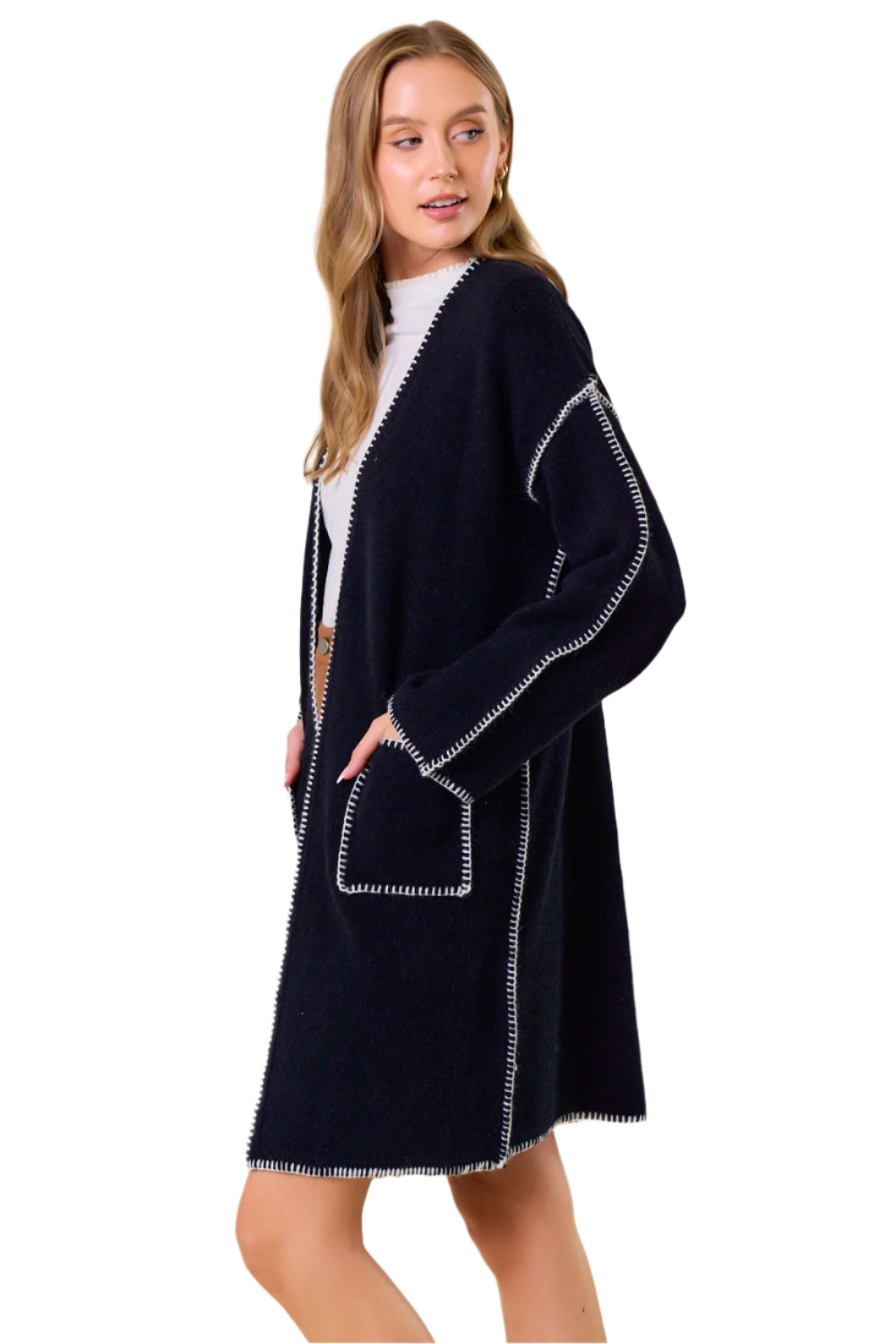Blanket Stitched Long Sleeve Open Cardigan
