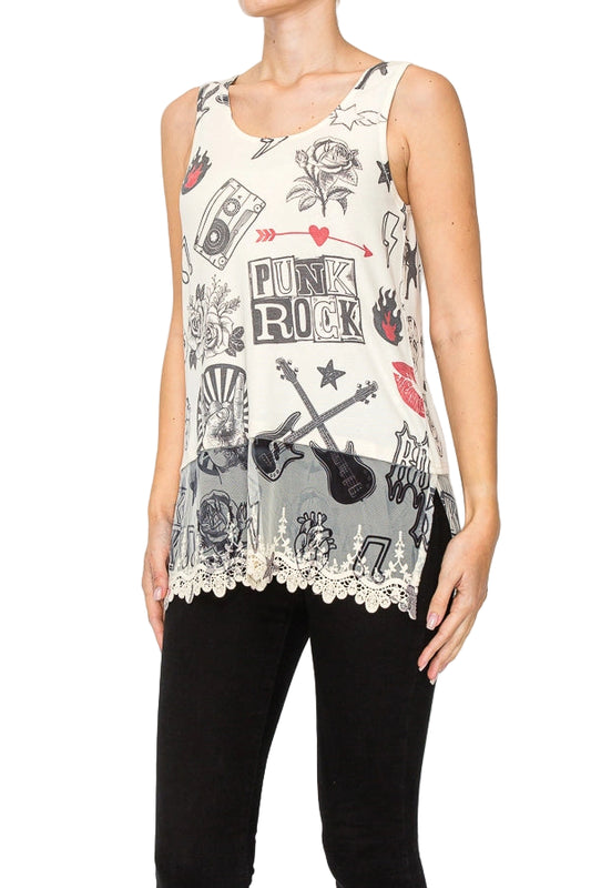 Punk Rock Soft Relaxed Tank with Delicate Floral Laced Hem - Ships Late September