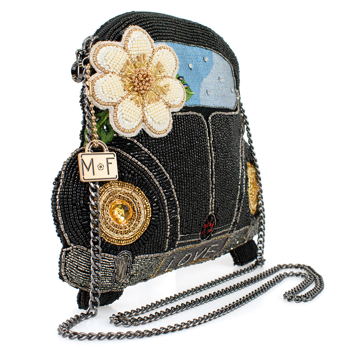 Mary Frances - On the Road Black Car White Flower Beaded Crossbody Handbag
