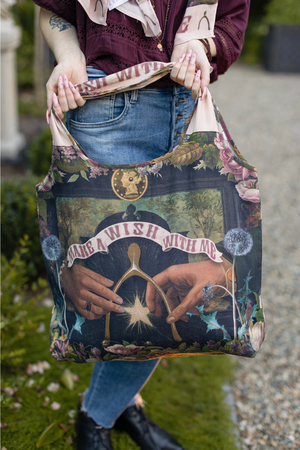 Market Of Stars Make A Wish Floral Boho Linen Tote Bag With Wishbone & Dandelion