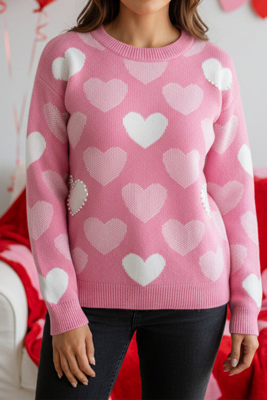 Pearled Heart Print Valentines Day Crew Neck Sweater