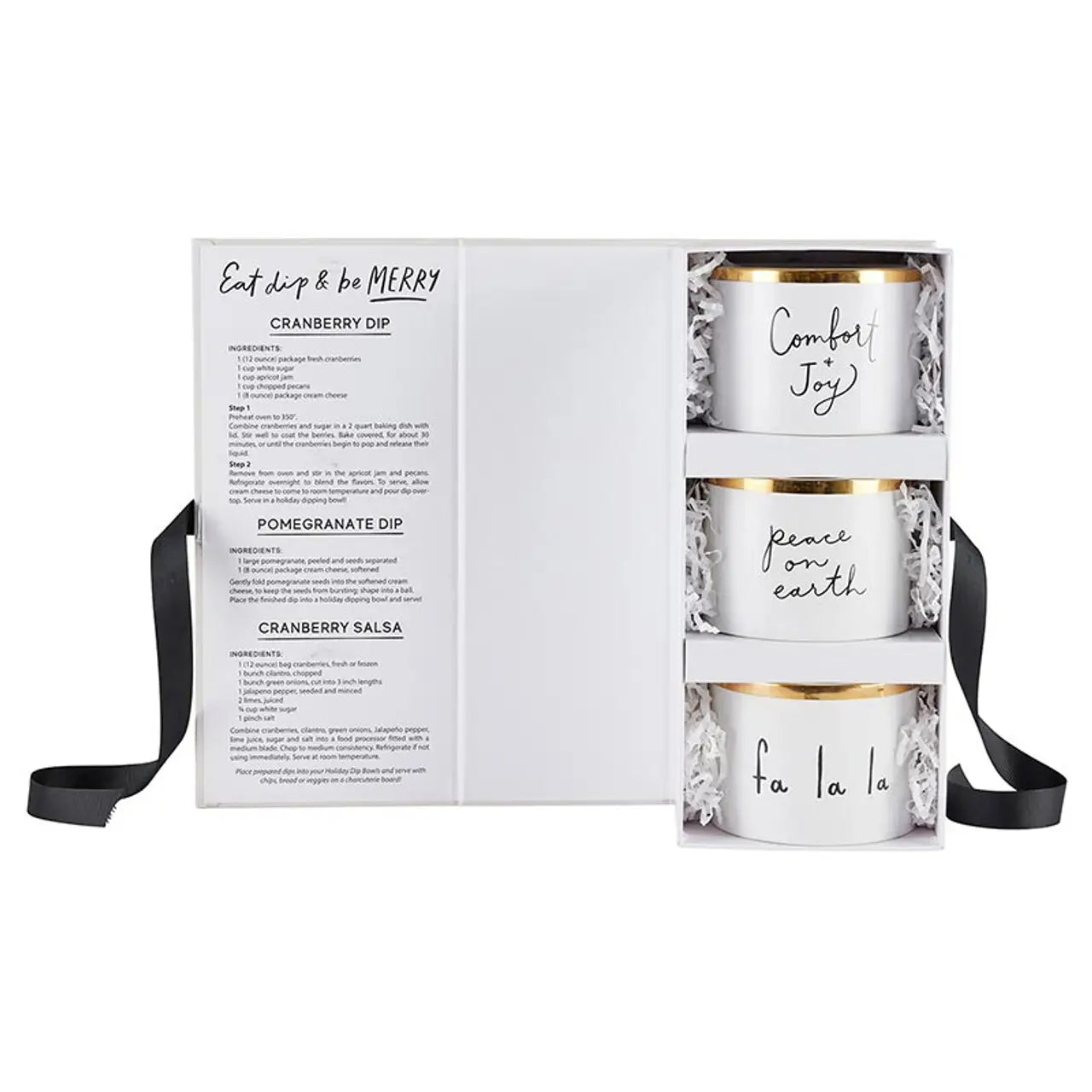Eat Dip & Be Merry holiday dip bowl gift set open showing three white ceramic bowls with gold rims reading Comfort + Joy, Peace on Earth and Fa La La nestled in white paper shred with dip recipe card – Bliss by Cori
