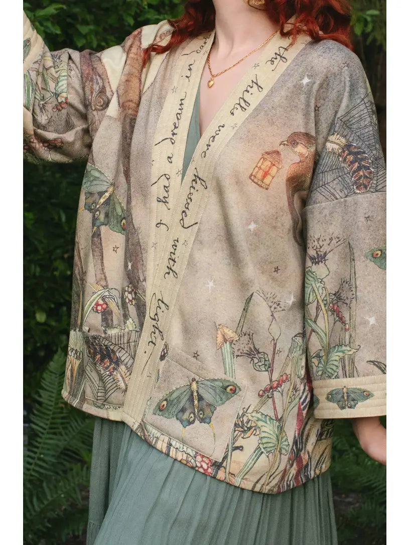 Close-up of Lovelight Cottage Jacket front pocket with moth and spiderweb print detail | Bliss by Cori