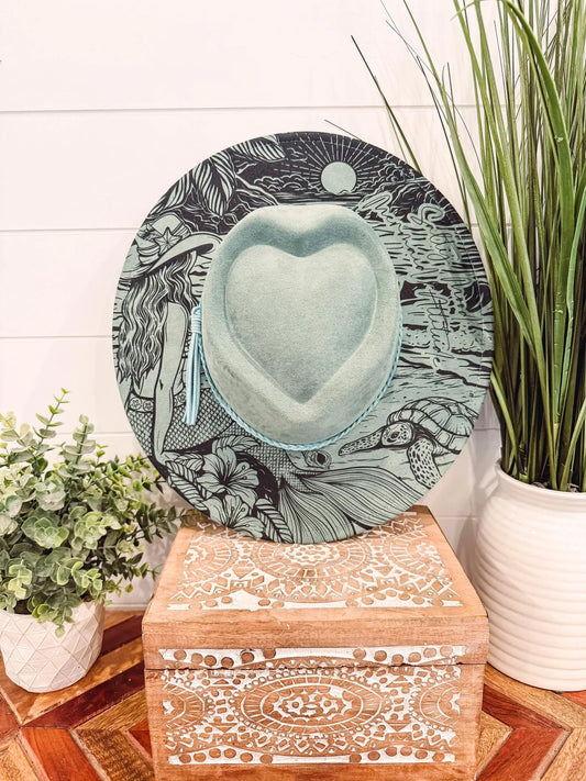 Mermaid Engraved Hat, Floral Engraved Cowboy Hat, Burned Fedora, Engraved Suede Hat, Boho Hat, Vegan Suede Cowboy Hat, Women's Cowboy Hat