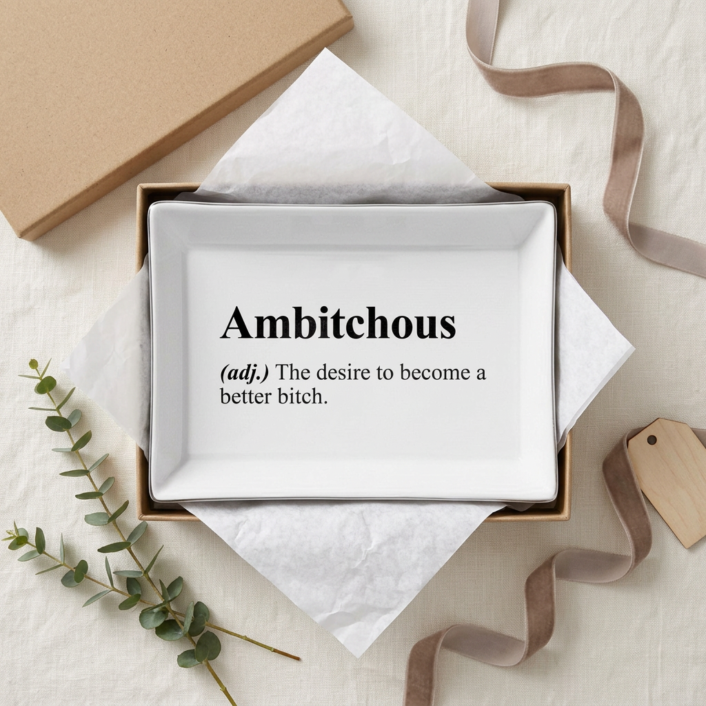 White Ambitchous ceramic tray nestled in tissue inside a kraft gift box with eucalyptus, ribbon, and a gift tag | Bliss by Cori