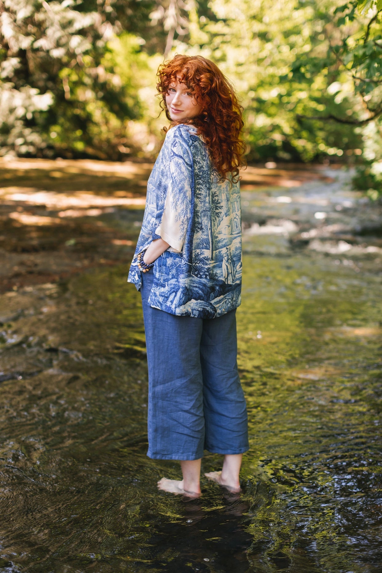 Let the Light in Luxe Tee Tunic Shirt With Blue Delft Toile