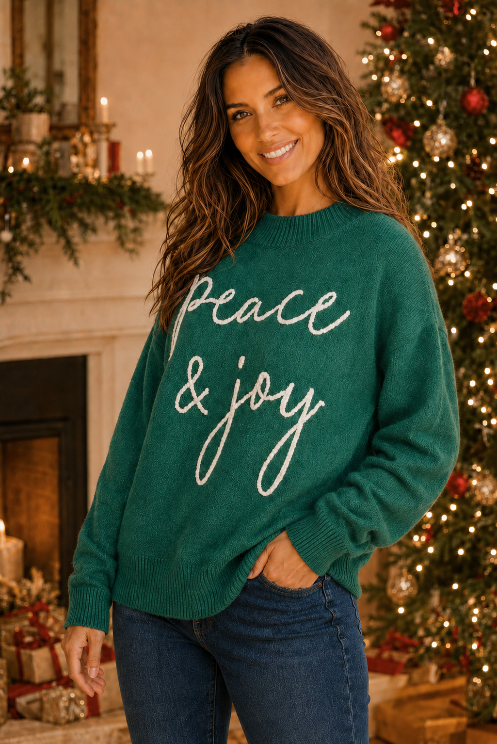 Front-facing view of green Peace & Joy novelty knit sweater with white script lettering and ribbed mock neck collar styled with jeans | Bliss by Cori