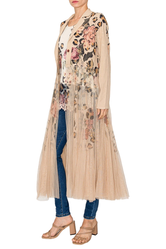Leo Rose Chic Contrast Longline Blazer Jacket with Mesh Tulle Panel - Ships Late September