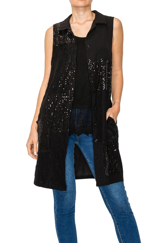 Sparkly Button Up Tunic Vest with Lace & Sequin Details - Ships Late September