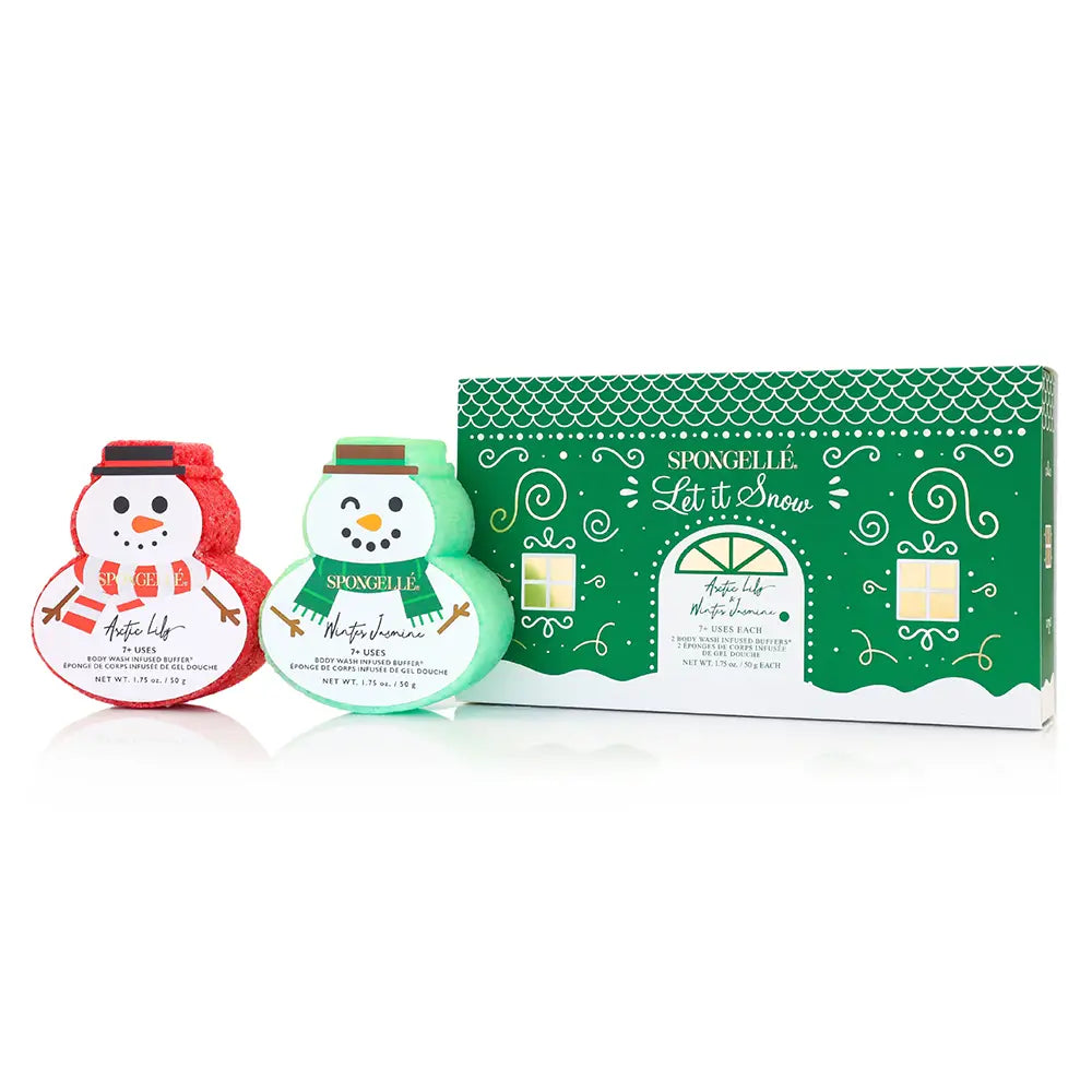 Spongellé Let It Snow Arctic Lily and Winter Jasmine snowman body buffers displayed beside their green gift box on white background — Bliss by Cori Boutique