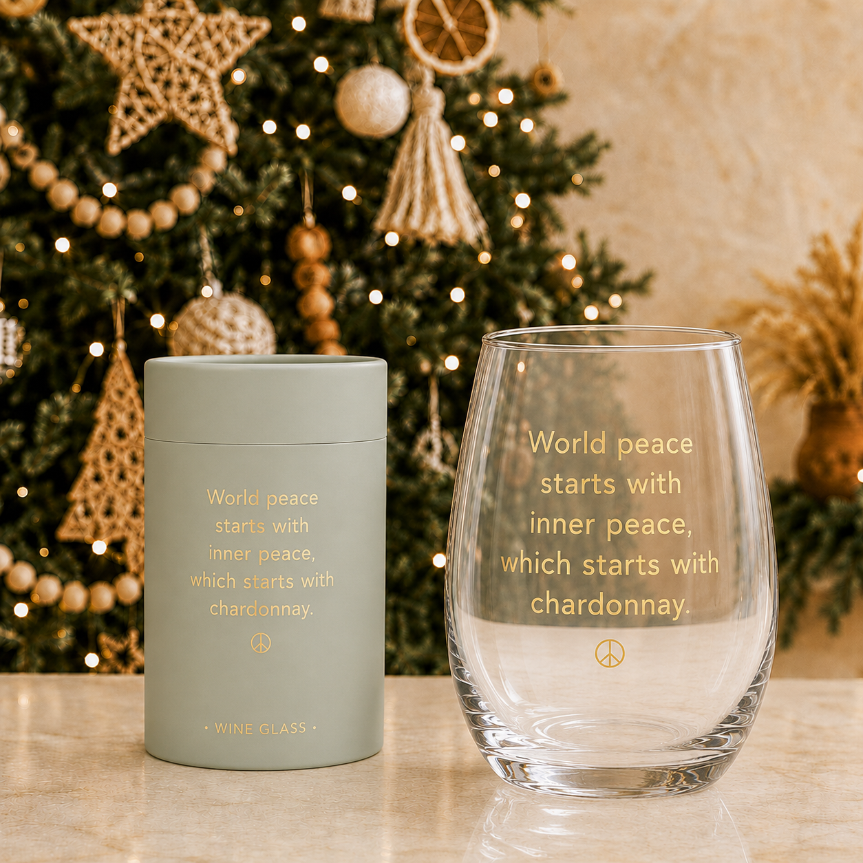 World Peace Starts with Chardonnay stemless wine glass with gold foil script beside matching sage green gift tube on marble counter in front of a boho Christmas tree with wood bead garland and warm fairy lights – Bliss by Cori
