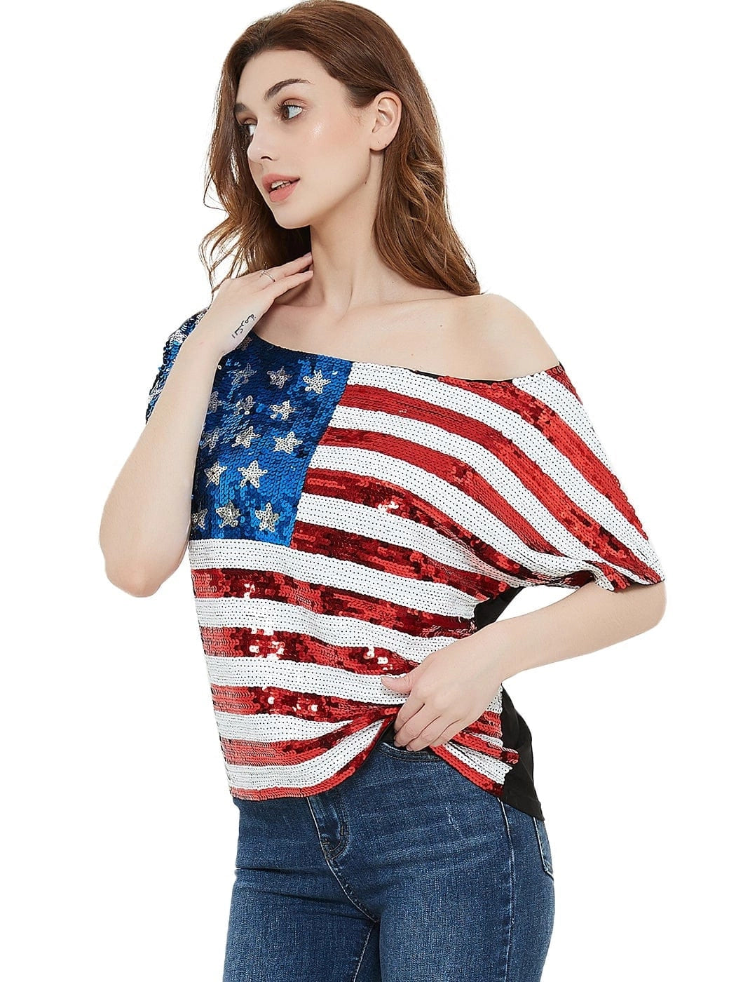 Women's Patriotic American Sequin Off Shoulder Top