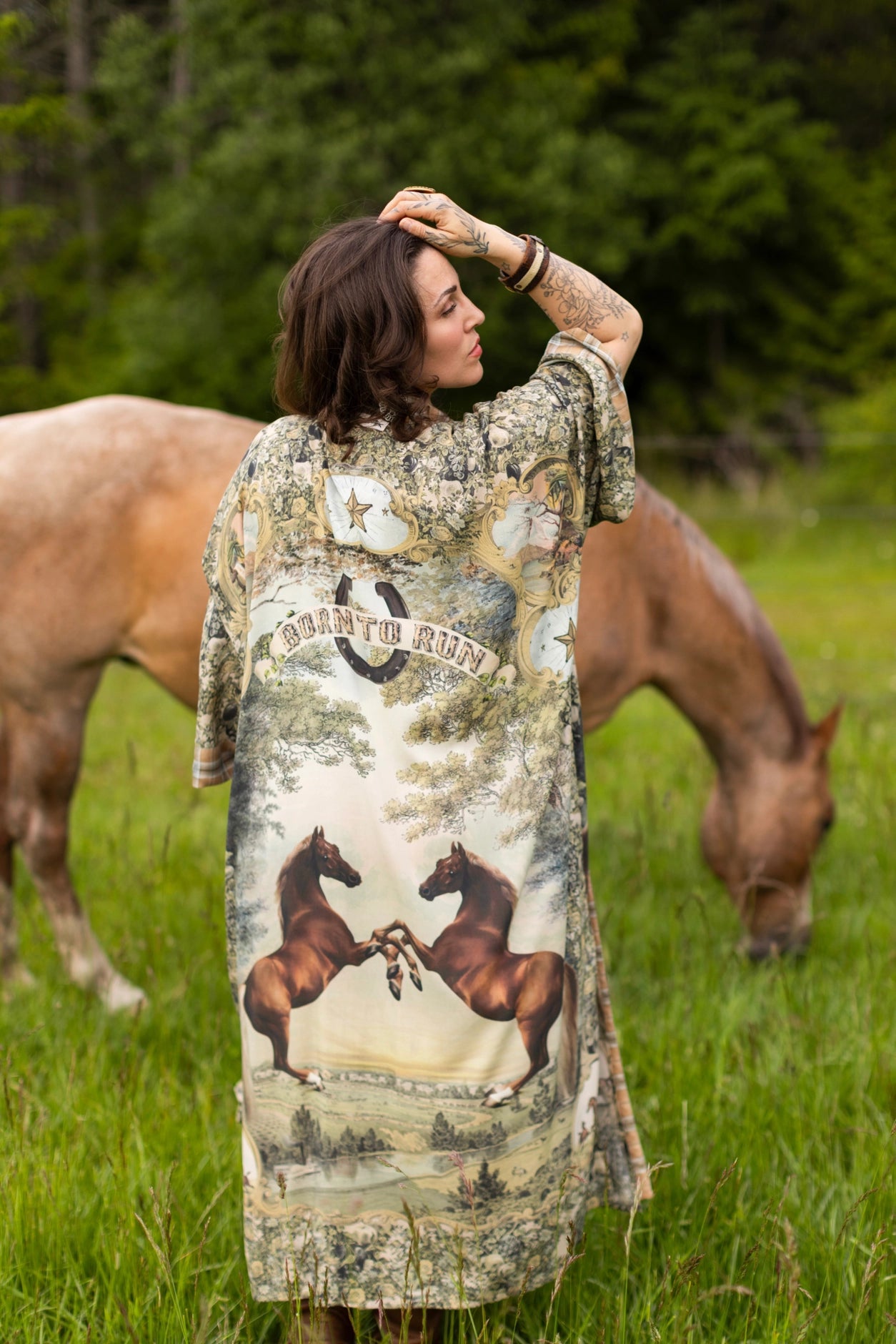 Born To Run Opera Duster Kimono Robe Horse & Flower Print - Pre-Order - Ships In September