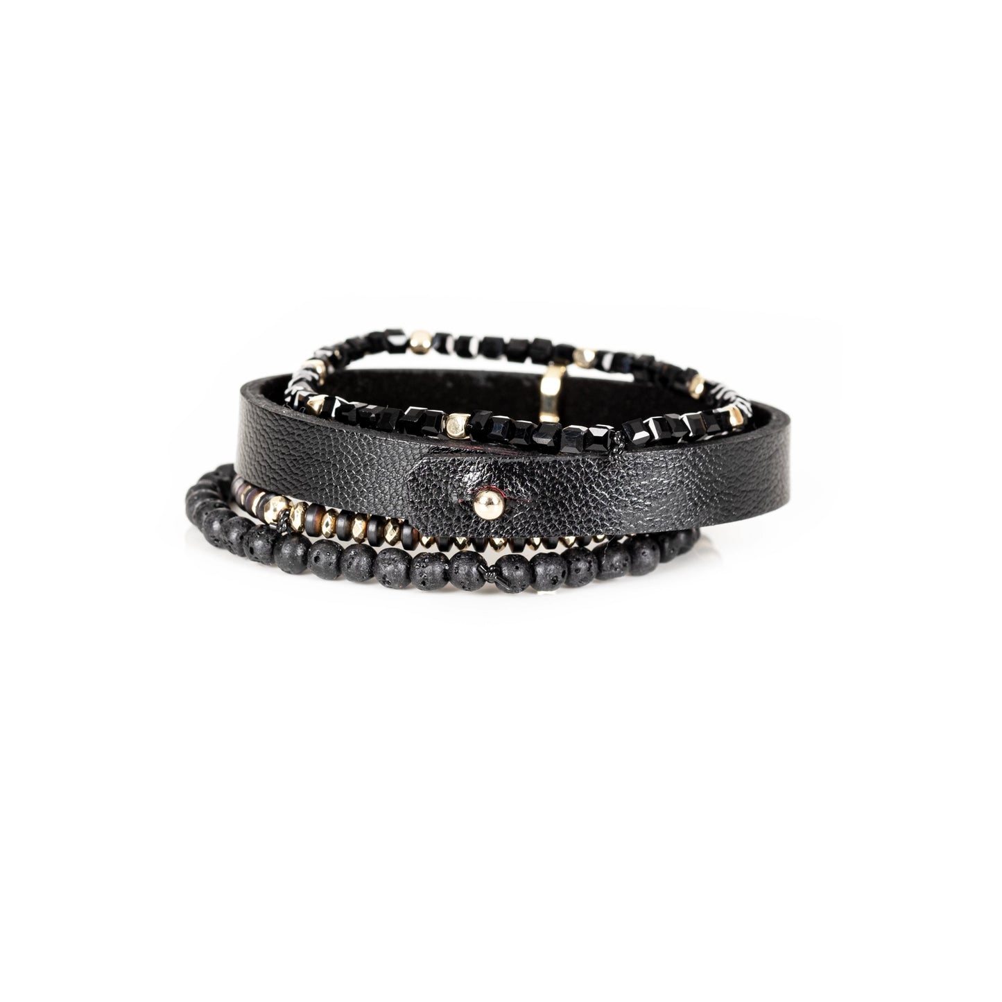 The Onyx Riddle Leather & Beaded Bracelet Set