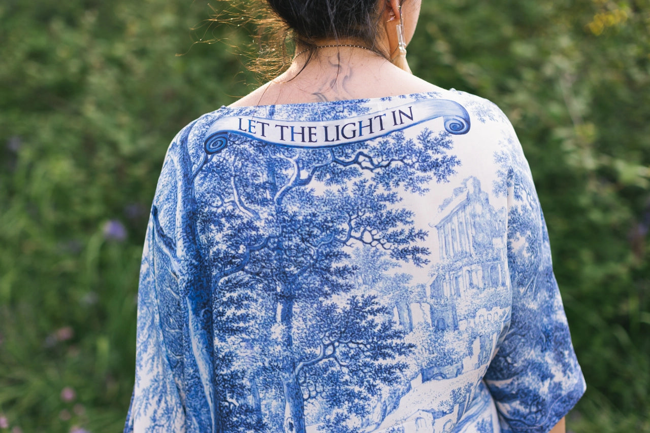 Let the Light in Luxe Tee Tunic Shirt With Blue Delft Toile