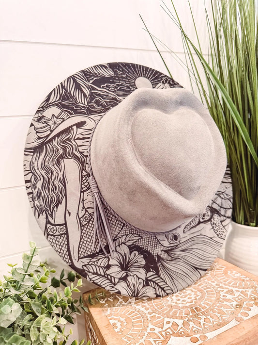 Mermaid Engraved Hat, Floral Engraved Cowboy Hat, Burned Fedora, Engraved Suede Hat, Boho Hat, Vegan Suede Cowboy Hat, Women's Cowboy Hat