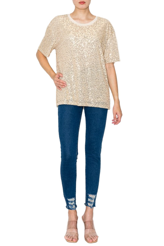 Sparkly Gold Sequins Lined Short Sleeve Top - Ships Late September