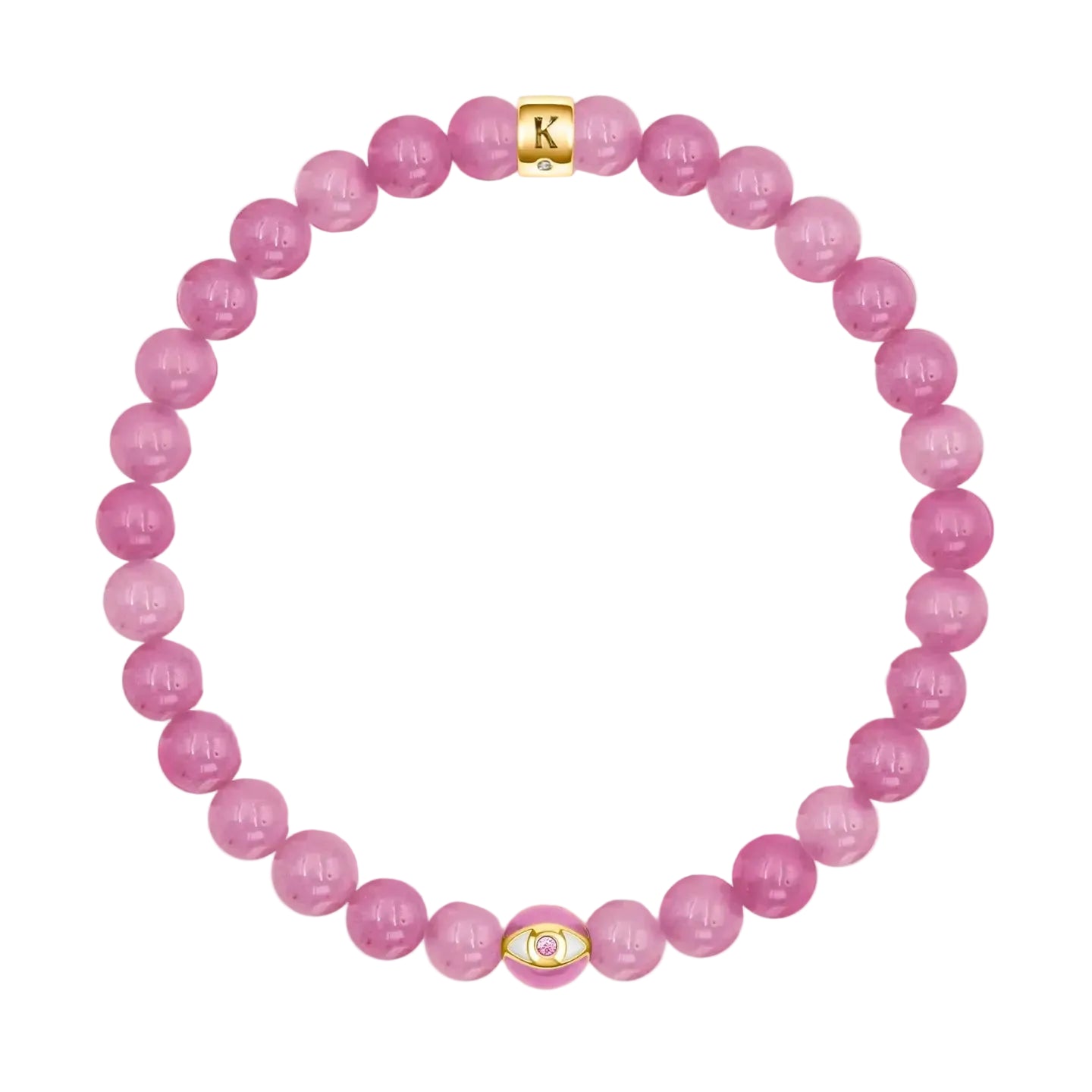 Karma and Luck Genuine Peace Pink Tourmaline October Birthstone Evil Eye Bracelet — polished blush-rose pink tourmaline beads with pink enamel evil eye charm and Karma and Luck gold signature clasp | Bliss by Cori