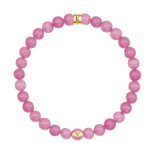 Karma and Luck Genuine Peace Pink Tourmaline October Birthstone Evil Eye Bracelet — polished blush-rose pink tourmaline beads with pink enamel evil eye charm and Karma and Luck gold signature clasp | Bliss by Cori