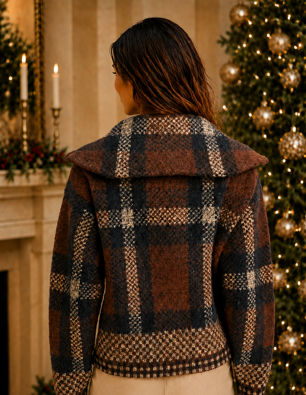 Back view of women's brown plaid fuzzy knit sweater jacket showing wide collar and checkered hem in front of Christmas tree – Bliss by Cori